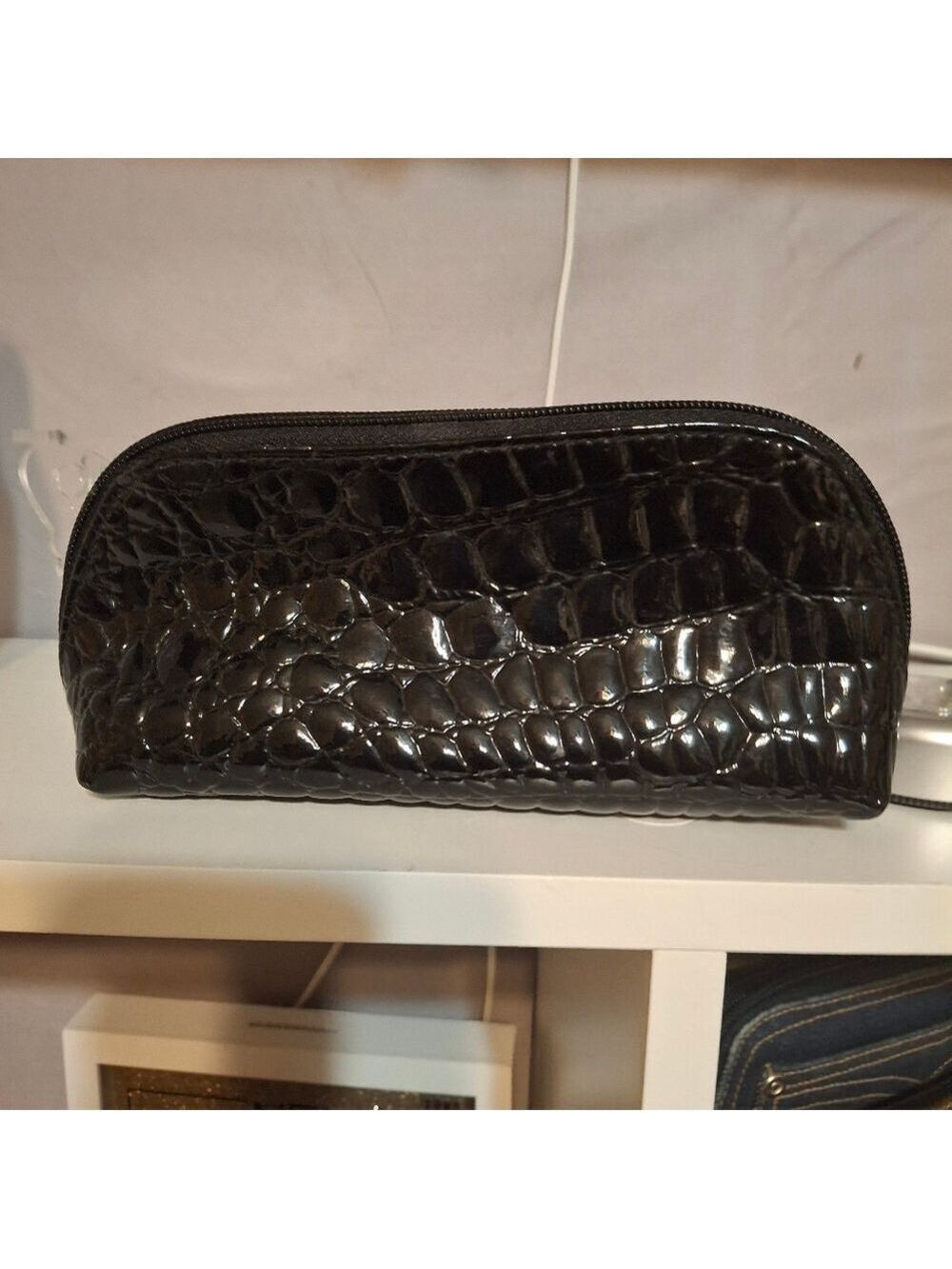 Modella Shiny Black Croc-Embossed Pouch Like New - Picture 4 of 5
